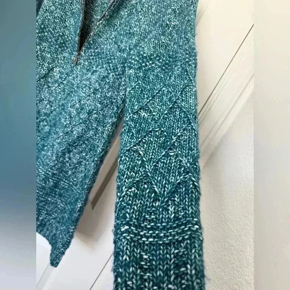 Soft Surroundings Women's Teal 1/4 Zip Aran Cable Knit Sweater Size M Wool Blend - Picture 9 of 10